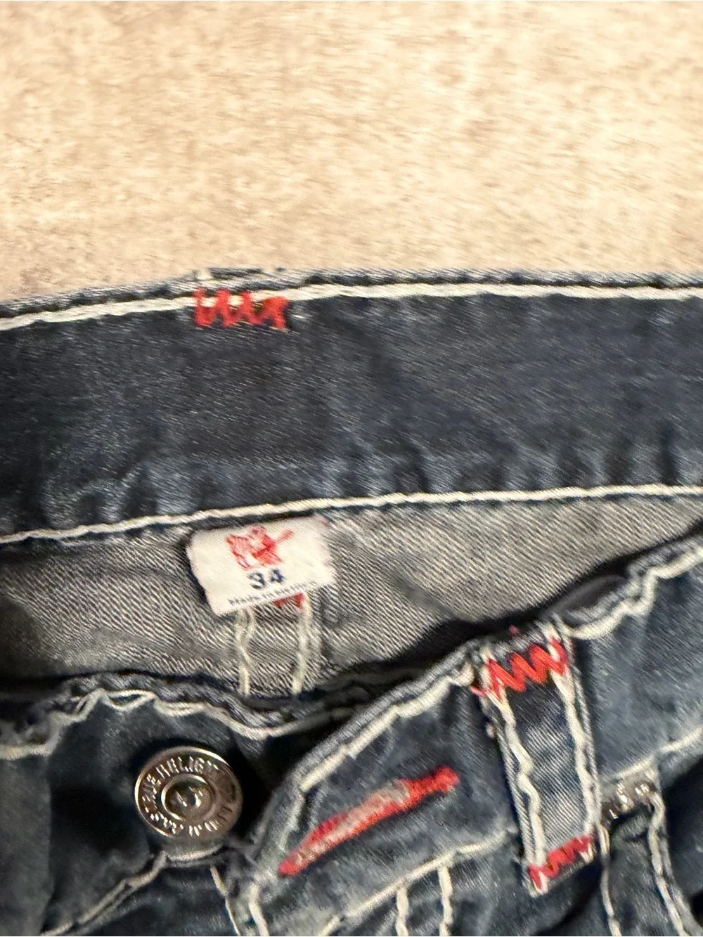 True Religion Men’s Medium Blue Straight Leg Jeans with Red Stitching